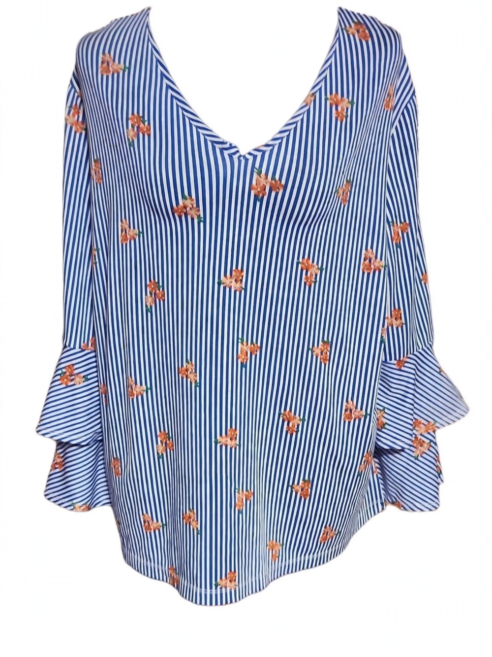 Jules & Leopold Blue and White Striped V-Neck Blouse with Orange Floral Accents
